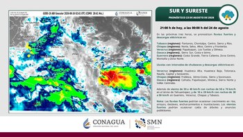 Mapa satelital meteorológico de México con áreas de colores junto a un texto con el pronóstico de lluvias de la Comisión Nacional del Agua