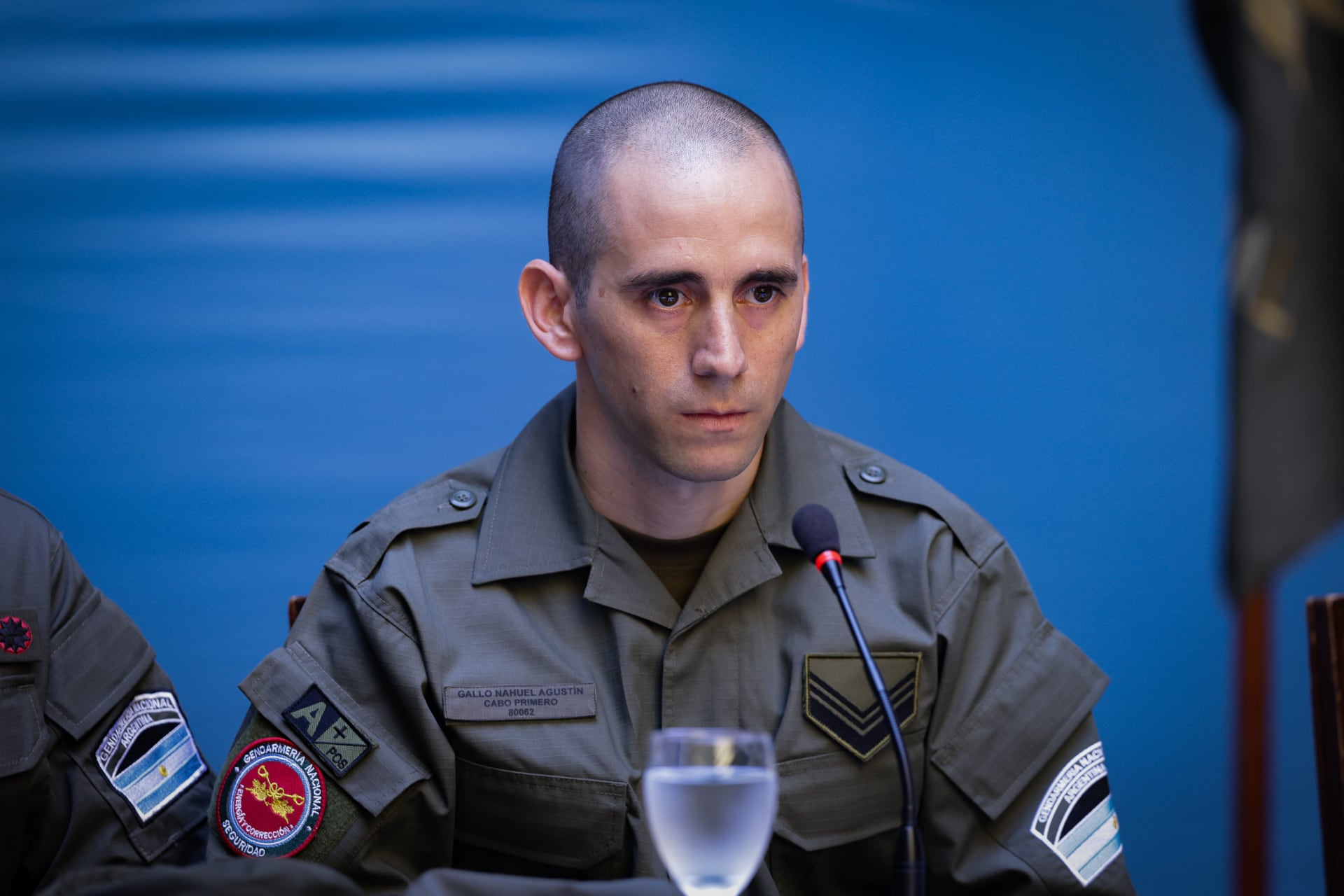 El gendarme Nahuel Gallo durante su primera conferencia de prensa tras su regreso al país (RS Fotos)
