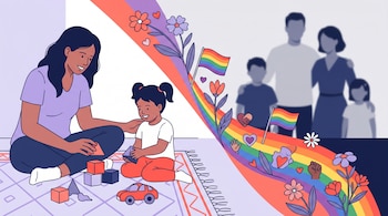 Ilustración con madre y niña jugando, bloques, coche, flores, banderines arcoíris y símbolos de diversidad; al fondo, siluetas difusas de familia tradicional.