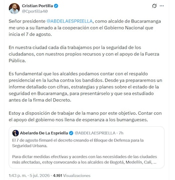 El alcalde de Bucaramanga, Cristian Portilla, celebró la propuesta y pidió articulación total con el Gobierno nacional - crédito @Cportilla40/X