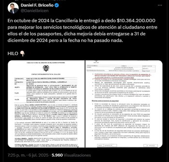 La Cancillería enfrenta cuestionamientos por retrasos en la modernización del sistema de atención al ciudadano - crédito @Danielbricen / X