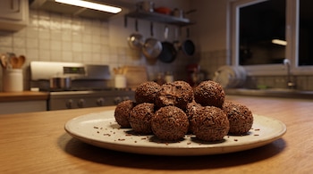 Un plato lleno de brigadeiros de chocolate con granas, uno de ellos partido, en primer plano sobre una mesa de madera. Al fondo se observa una cocina.