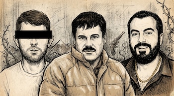 Ilustración de tres hombres. 'El Chapo' Guzmán al centro, a su izquierda figura con barra negra, a su derecha hombre con barba y cadena. Revólver y espinas en el fondo.