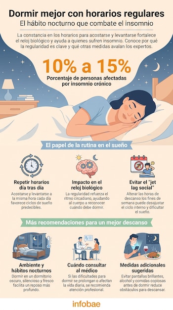 Infografía sobre insomnio crónico con persona durmiendo, reloj, cerebro, calendario, dormitorio, médico y persona con teléfono, alcohol y comida.