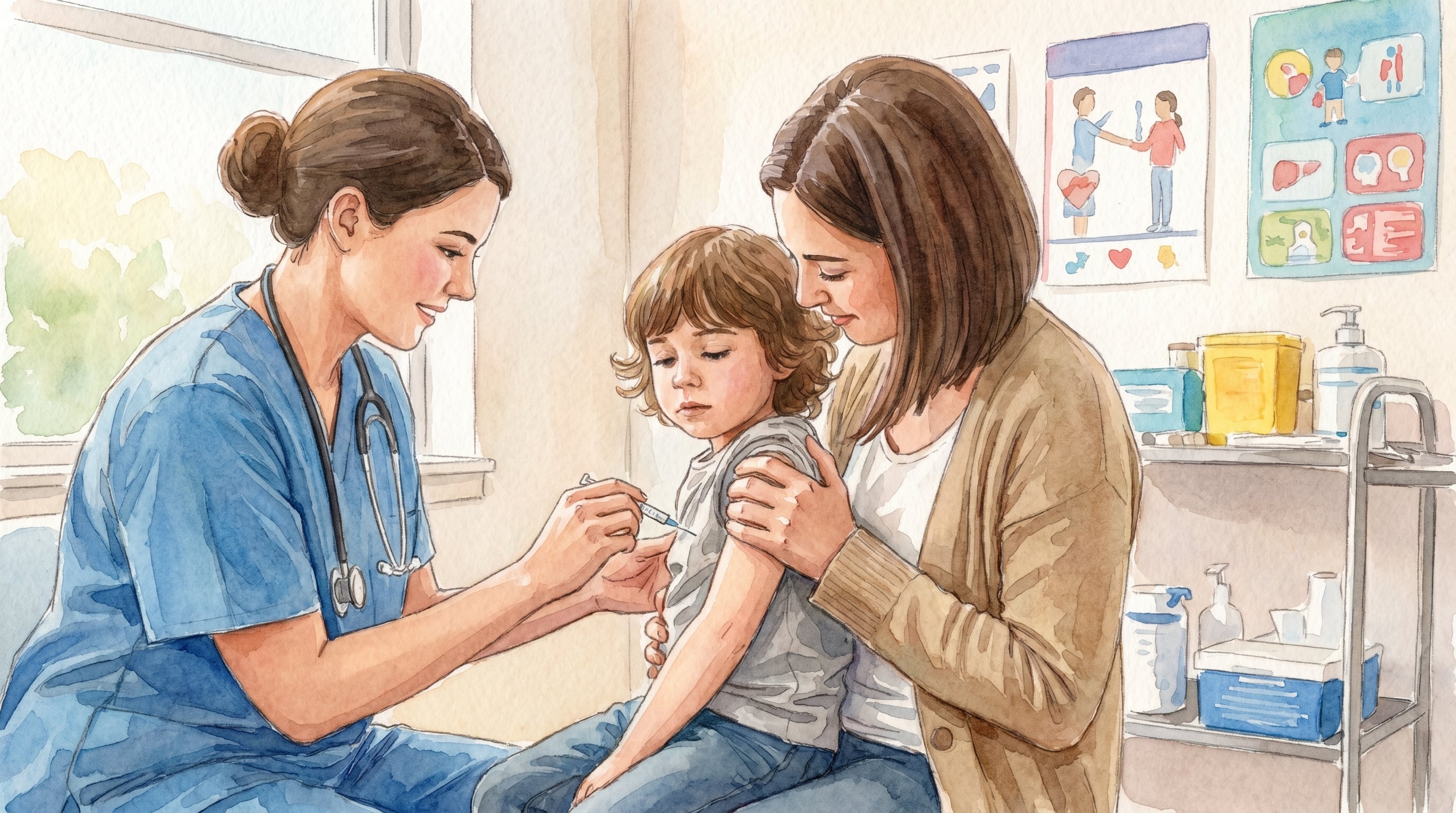 Una enfermera administra una vacuna contra la tos convulsa a un niño pequeño, quien es consolado por su madre, en una ilustración acuarelada que representa la importancia de la inmunización infantil. (Imagen Ilustrativa Infobae)