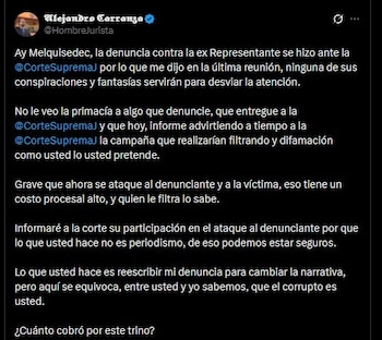Alejandro Carranza respondió a las publicaciones de Melquisedec Torres, defendió la denuncia presentada ante la Corte Suprema y anunció que pondrá el caso en conocimiento del alto tribunal - crédito Alejandro Carranza/X