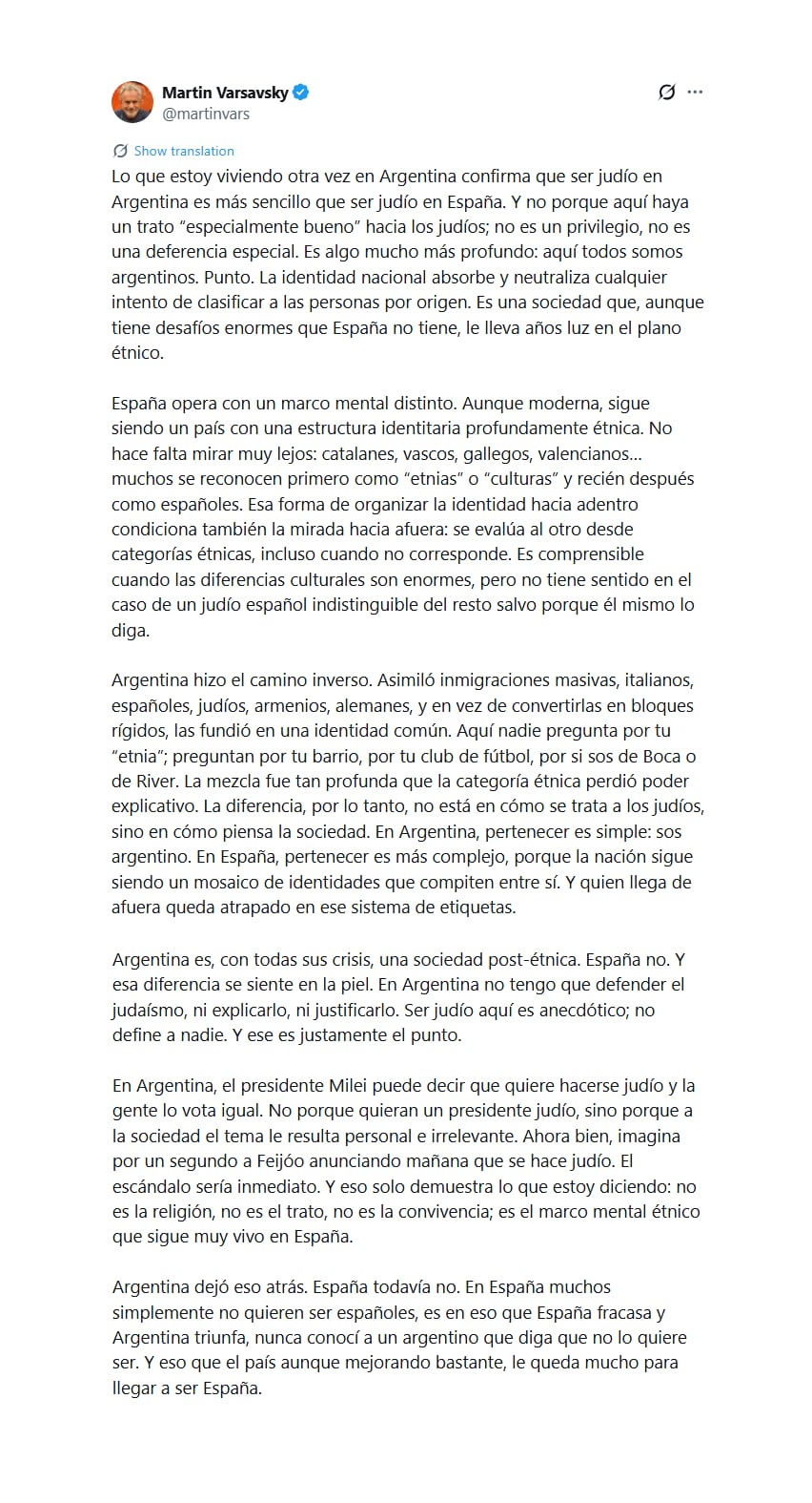 El posteo de Martín Varsavsky