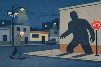 Ilustración de un adulto mayor en una calle nocturna de la colonia Michoacana, CDMX. Una gran sombra lo acecha desde un edificio. Cámaras de seguridad en poste cercano.