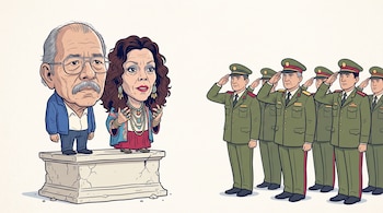 Caricatura de dos personas sobre un pedestal de piedra con grietas frente a varios militares uniformados en postura de saludo.