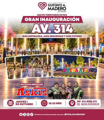 Cartel publicitario con fotografías de una plaza remodelada, una fuente iluminada, la agrupación musical Los Askis y texto sobre un evento público