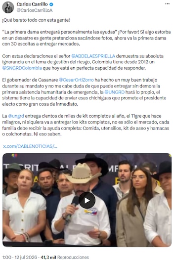 Carlos Carillo cuestionó estrategias del presidente electo Abelardo de la Espriella - crédito @CarlosCarrilloA/X