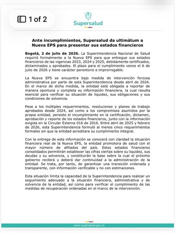 Nueva EPS debe presentar estados financieros certificados, dictaminados y aprobados, junto con la información exigida en la Circular Externa 016 de 2016 - crédito Supersalud