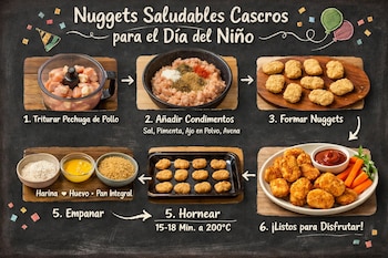 Diagrama que muestra seis pasos para preparar nuggets de pollo caseros: triturar pollo, añadir condimentos, formar, empanar, hornear y servir con salsa y zanahorias.