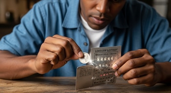 Primer plano de un hombre negro en una camisa azul, rascando un boleto de lotería gris con una moneda brillante sobre una mesa de madera.