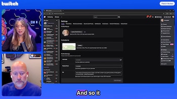 Captura de pantalla de la interfaz de Twitch, incluye una sección de configuración de perfil, el logo de Twitch, y dos personas en recuadros de video