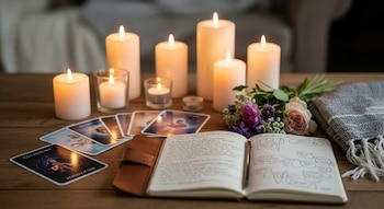 Vista aérea de una mesa de madera con varias velas blancas encendidas, un diario abierto, tarjetas con ilustraciones, un ramo de flores frescas y una manta plegada.
