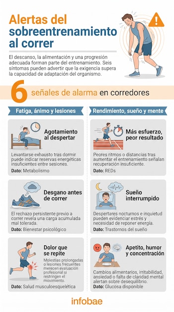Infografía sobre sobreentrenamiento en corredores con ilustraciones de deportistas y seis recuadros explicativos con texto.