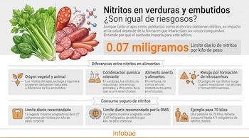 Una infografía compara visualmente apio, lechuga, espinaca y diversos embutidos con texto sobre nitritos, sus diferencias y el límite de ingesta diaria.