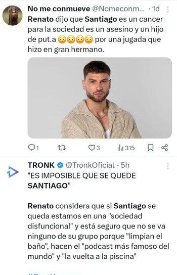 Reacciones contra Renato Rossini Jr. por atacar a Santiago en Gran Hermano. Twitter