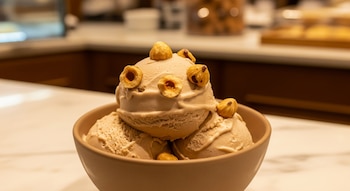 Bol pequeño con helado de avellana de color marrón claro, decorado con avellanas tostadas, sobre mármol y con fondo difuminado de pastelería.