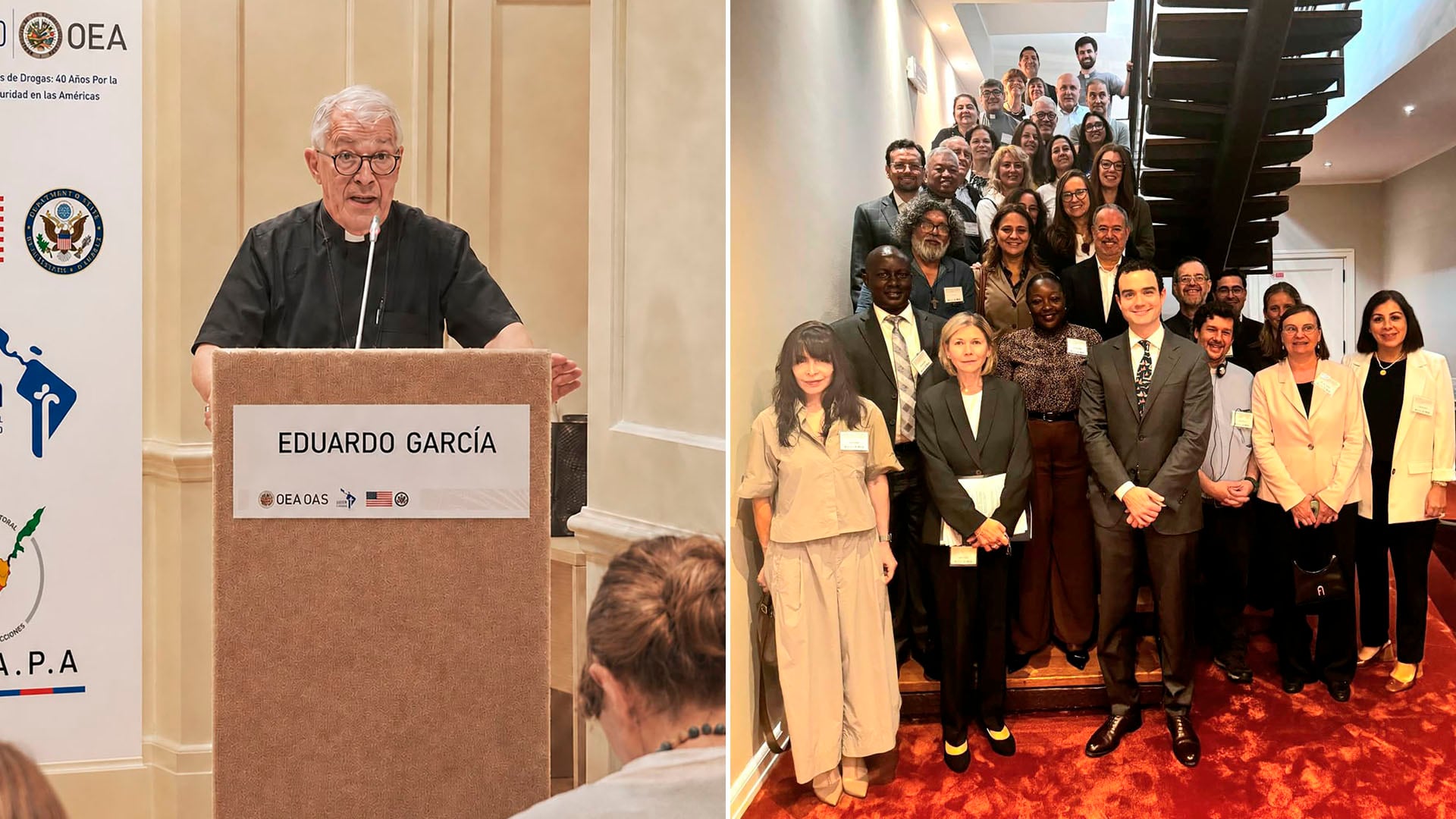 El obispo de San Justo, monseñor Eduardo García, y la foto grupal de los asistentes al encuentro de la Pastoral Latinoamericana de Acompañamiento y Prevención de Adicciones