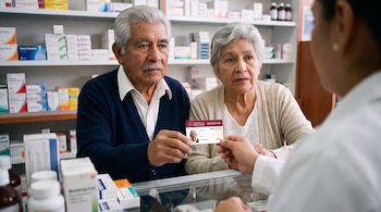 Hombre y mujer adultos mayores frente a un mostrador. El hombre entrega una credencial INAPAM a una persona. Estantes con medicamentos al fondo.