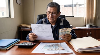 Hombre con gafas y camisa azul sostiene un documento y billetes de 50 soles peruanos. En el escritorio hay una calculadora, billetes, carpetas y documentos.