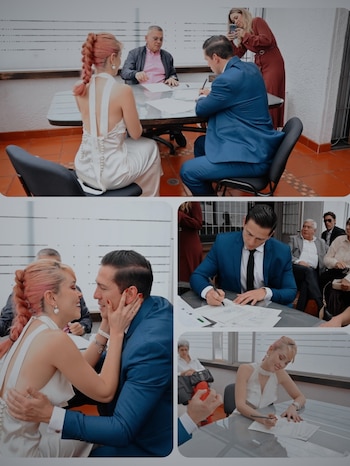 Nieto lució un vestido blanco sencillo y su característico cabello rosa; Barajas eligió un traje azul - crédito @_kikanieto/ Instagram