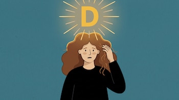 Ilustración de una persona que se toca el cabello castaño con expresión de preocupación bajo una letra D brillante.