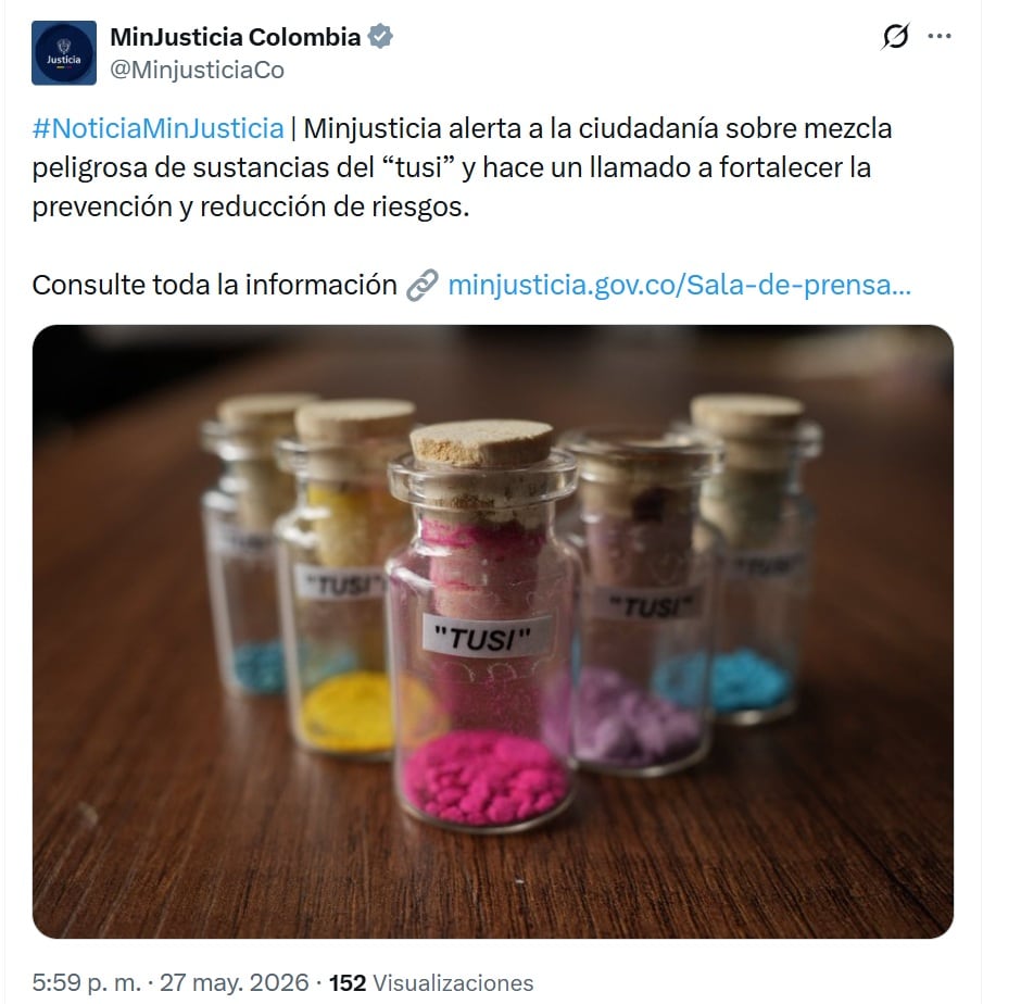 El Ministerio de Justicia de Colombia se pronunció ante los casos en Antioquia por consumo de tusi a través de un comunicado emitido el miércoles 27 de mayo de 2026 - crédito @MinjusticiaCo/X