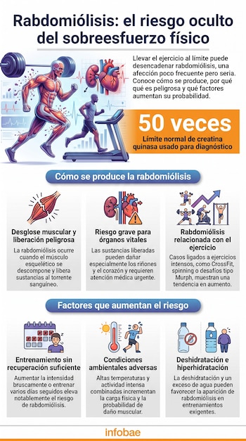 Infografía sobre rabdomiólisis con ilustraciones de un atleta, órganos internos, músculo dañado, calendario, termómetro y botellas de hidratación.
