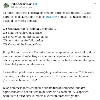 La Policía Nacional de Colombia informó que cinco coroneles fueron llamados al Curso Estratégico de Seguridad Pública (Cesep), un requisito para ascender al grado de brigadier general dentro de la institución - crédito @PoliciaColombia/X