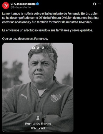 El mensaje de Independiente para despedir a Fernando Berón
