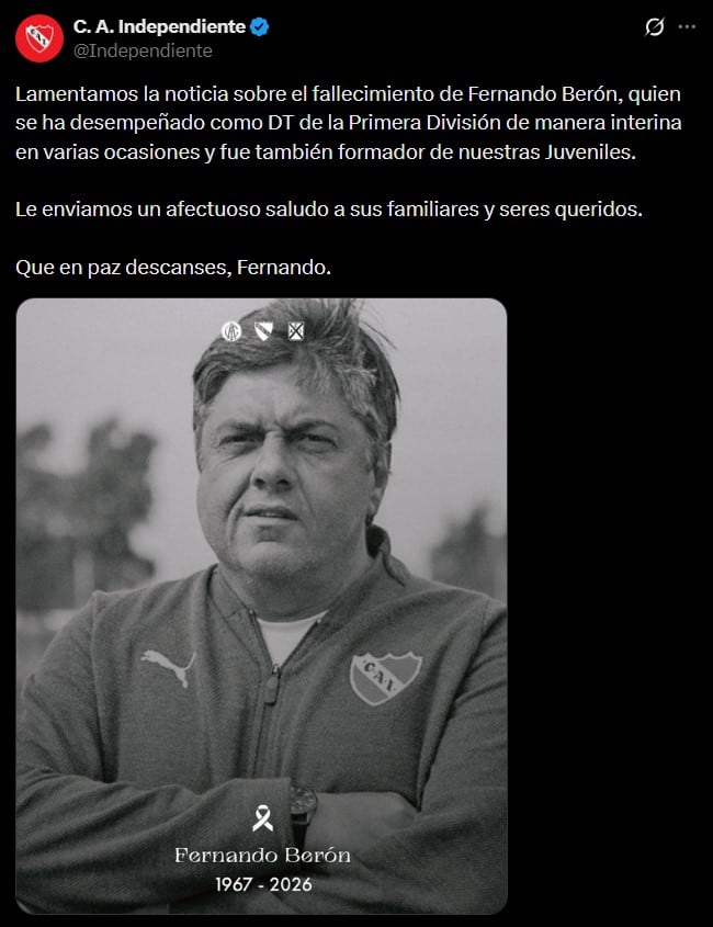 El mensaje de Independiente para despedir a Fernando Berón
