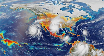 Imagen satelital hiperrealista muestra el Océano Pacífico, Norteamérica y Sudamérica, con nubes intensas, múltiples tormentas y colores indicando agua cálida.