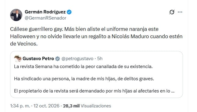 La respuesta de Rodríguez estuvo marcada por expresiones personales contra Petro y se produjo en medio de la controversia por las declaraciones de Eva Ferrer sobre la ex primera dama - crédito @GermanRSenador/X