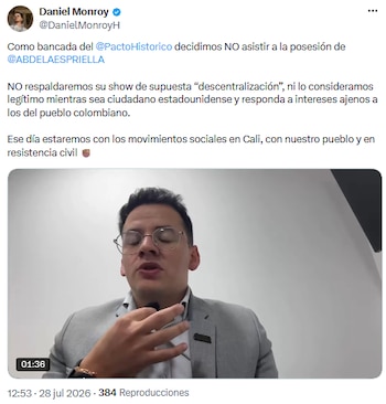 Daniel Monroy anunció que el Pacto Histórico rechaza la posesión presidencial y respalda la resistencia civil en Cali - crédito @DanielMonroyH/X