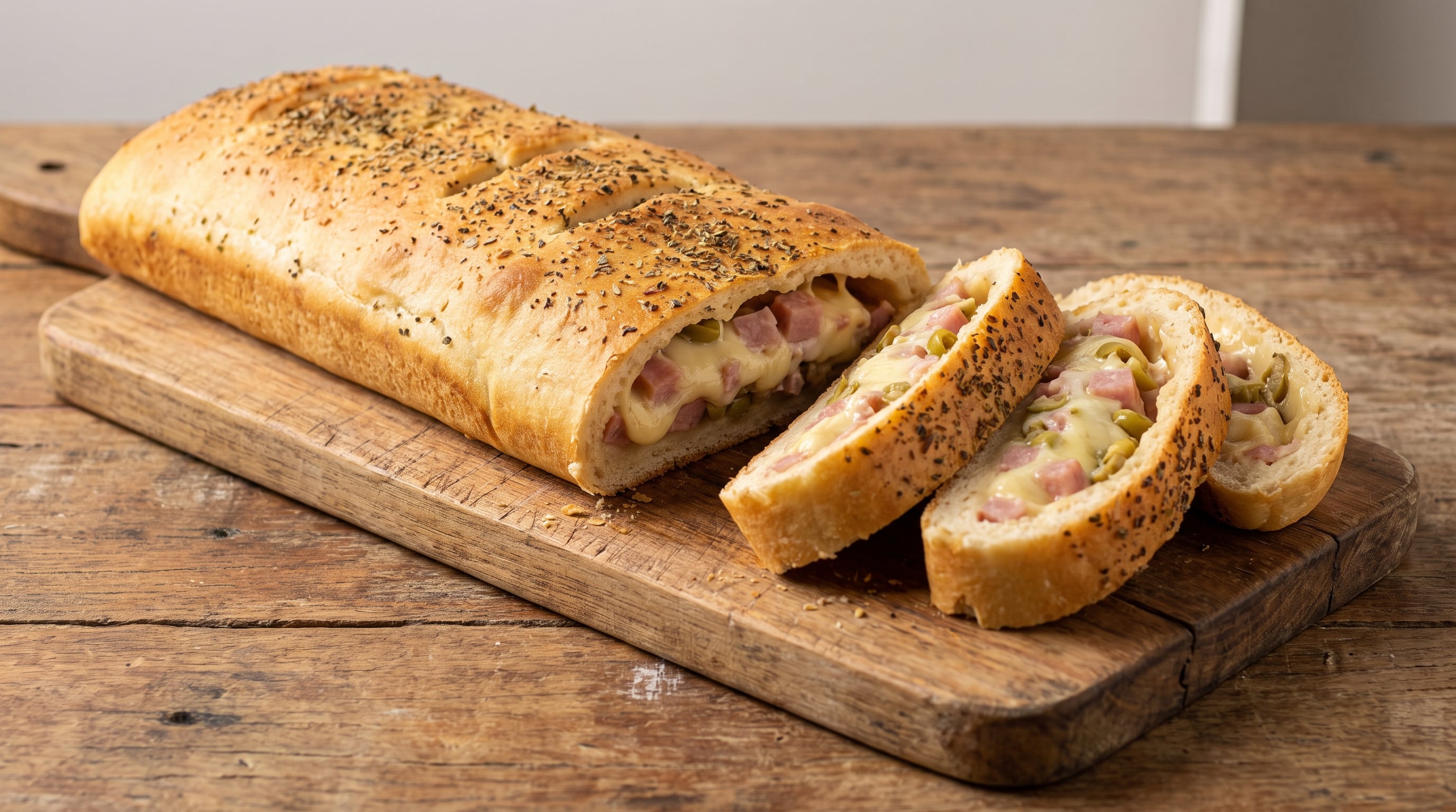 Receta de pan relleno con jamón, queso y aceitunas, rápida y fácil