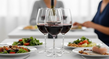Vista frontal de tres copas de vino tinto en una mesa blanca, flanqueadas por platos de ensaladas, frutos secos y un filete de pescado, con personas desenfocadas al fondo.