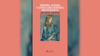 Portada del libro "Sirenas, leones y otros encuentros inesperados". Fondo salmón con una pintura de mujer joven de cabello rojizo y ropa azul verdosa