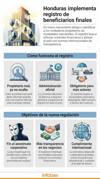 Infografía con el título "Honduras implementa registro de beneficiarios finales", subtítulos y seis íconos ilustrativos sobre el tema.