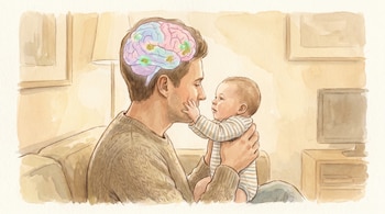 Ilustración de un hombre sentado con un bebé en brazos; sobre la cabeza del hombre se muestra un cerebro con zonas resaltadas en verde y dorado.
