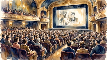 Una ilustración en acuarela muestra una sala de cine llena de personas, asientos de butaca y una pantalla con la proyección de una película en blanco y negro.
