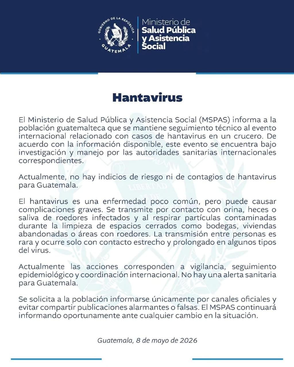 Guatemala no reporta casos ni riesgos de contagio por hantavirus tras investigación sobre el brote en un crucero internacional. (Cortesía: Ministerio de Salud Pública y Asistencia Social)
