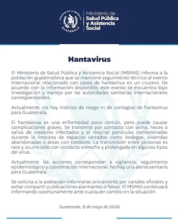 Guatemala no reporta casos ni riesgos de contagio por hantavirus tras investigación sobre el brote en un crucero internacional. (Cortesía: Ministerio de Salud Pública y Asistencia Social)