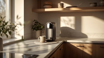 Una cafetera oscura y una taza beige sobre una encimera de mármol blanco en una cocina. Luz solar fuerte entra por la ventana y proyecta sombras diagonales.
