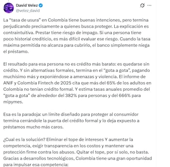 David Vélez, dueño de Nubank, recordó que prestar tiene riesgo de impago - crédito @velez_david/X