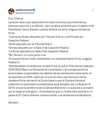 Tuit de Zulema Menem