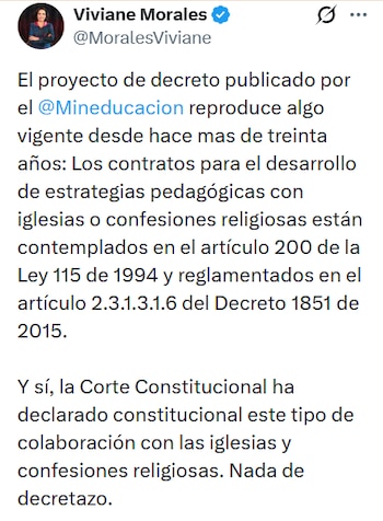 Morales sostiene que la propuesta mantiene figuras vigentes desde hace décadas y cita normas y fallos que avalan la colaboración con confesiones religiosas bajo condiciones legales - crédito Viviane Morales/X