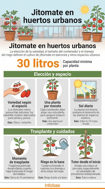 Infografía con ilustraciones de plantas de jitomate en macetas, íconos de riego y sol, y secciones explicativas sobre su cultivo.